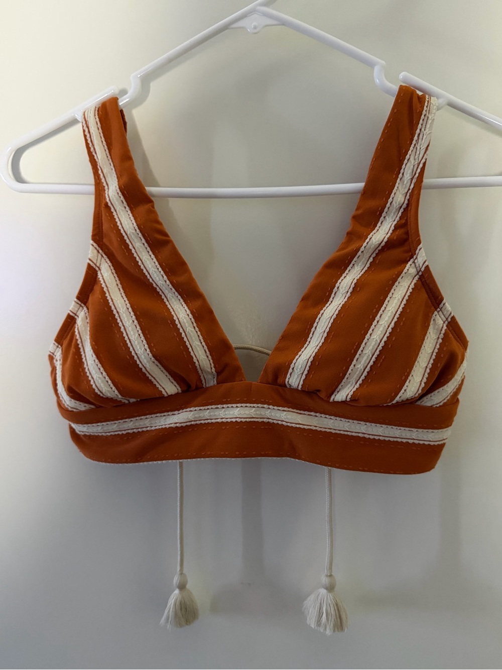Robin Piccone Boho Abi Crochet Tassel Triangle Burnt Orange/Cream Bikini Top, XS